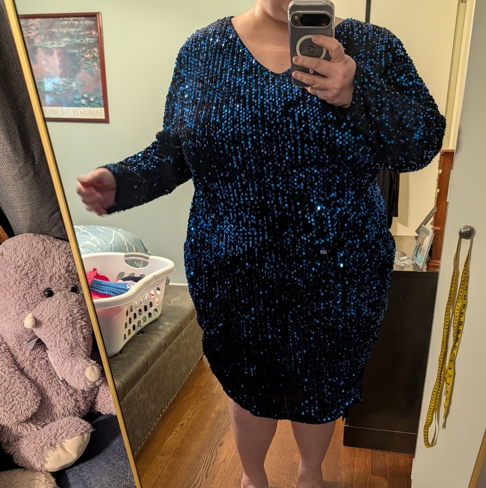 Elegant Blue Sequin Long Sleeve Dress